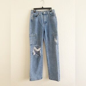 Forever 21 Blue Cargo Flare Wide Leg Jeans